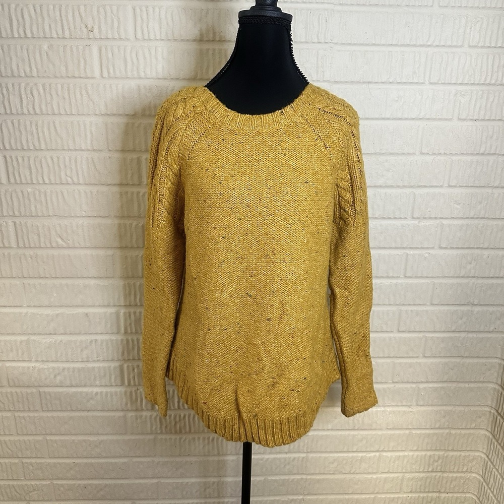 PrAna Pia Sweater Mustard Yellow Cable Knit Raglan Sleeve Crew Chunky Wool Sz S